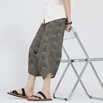 Buddha Stones Summer Boho Casual Elastic Waist Geometric Floral Pattern Capri Pants Men's Harem Pants