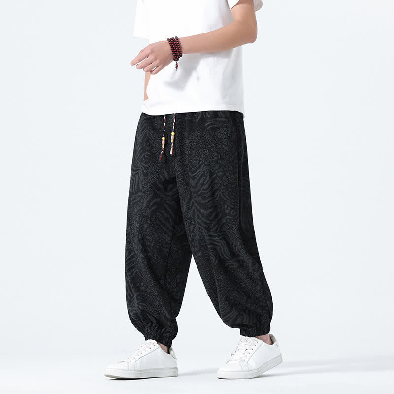 Buddha Stones Spring Summer Casual Boho Drawstring Leopard Cropped Pants Men's Harem Pants With Pockets