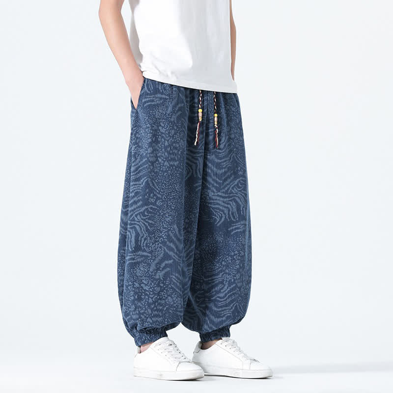 Buddha Stones Spring Summer Casual Boho Drawstring Leopard Cropped Pants Men's Harem Pants With Pockets
