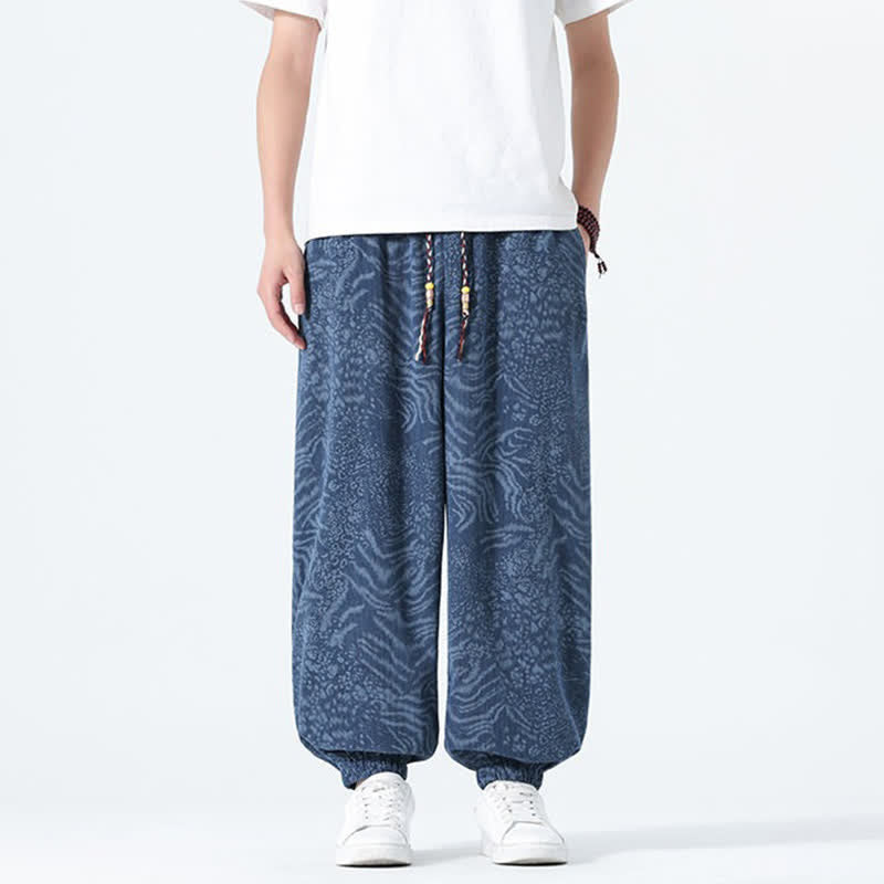 Buddha Stones Spring Summer Casual Boho Drawstring Leopard Cropped Pants Men's Harem Pants With Pockets