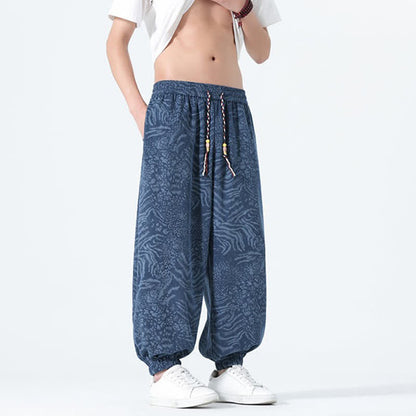 Buddha Stones Spring Summer Casual Boho Drawstring Leopard Cropped Pants Men's Harem Pants With Pockets