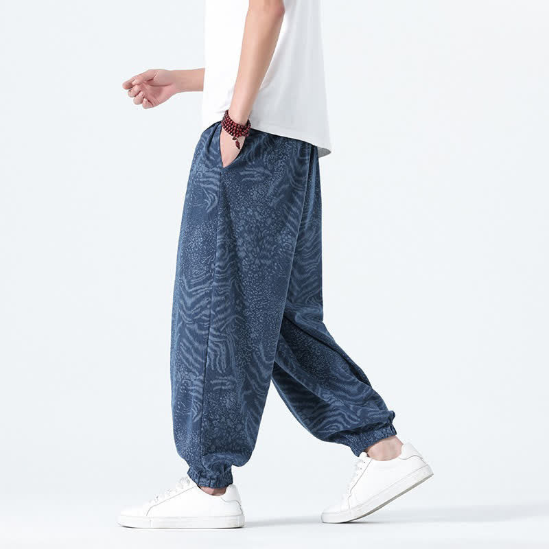 Buddha Stones Spring Summer Casual Boho Drawstring Leopard Cropped Pants Men's Harem Pants With Pockets