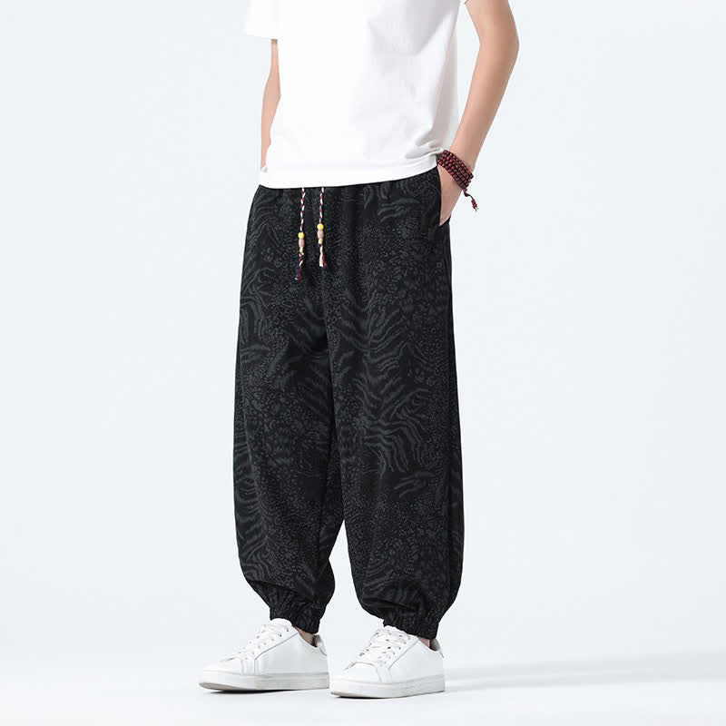 Buddha Stones Spring Summer Casual Boho Drawstring Leopard Cropped Pants Men's Harem Pants With Pockets
