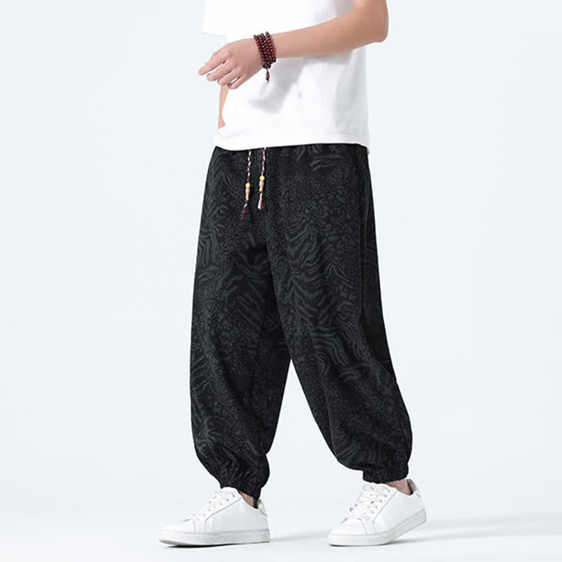 Buddha Stones Spring Summer Casual Boho Drawstring Leopard Cropped Pants Men's Harem Pants With Pockets