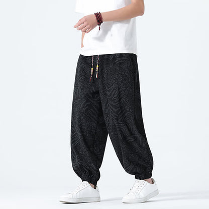Buddha Stones Spring Summer Casual Boho Drawstring Leopard Cropped Pants Men's Harem Pants With Pockets