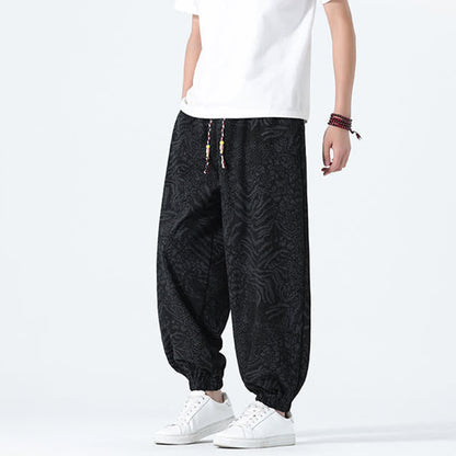Buddha Stones Spring Summer Casual Boho Drawstring Leopard Cropped Pants Men's Harem Pants With Pockets