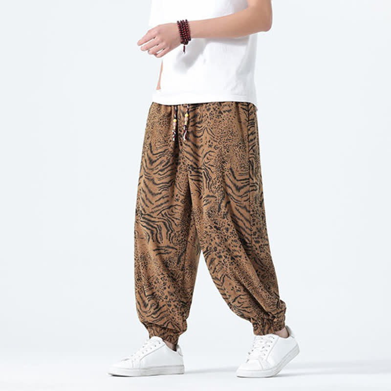 Buddha Stones Spring Summer Casual Boho Drawstring Leopard Cropped Pants Men's Harem Pants With Pockets