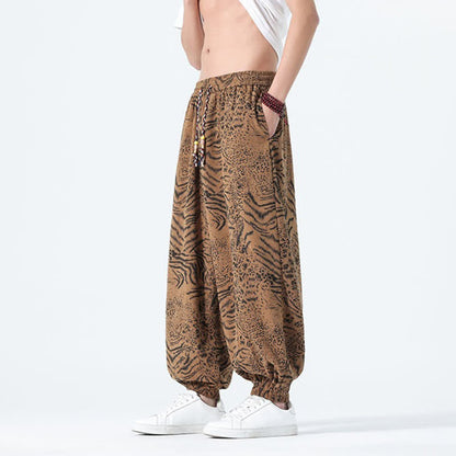 Buddha Stones Spring Summer Casual Boho Drawstring Leopard Cropped Pants Men's Harem Pants With Pockets