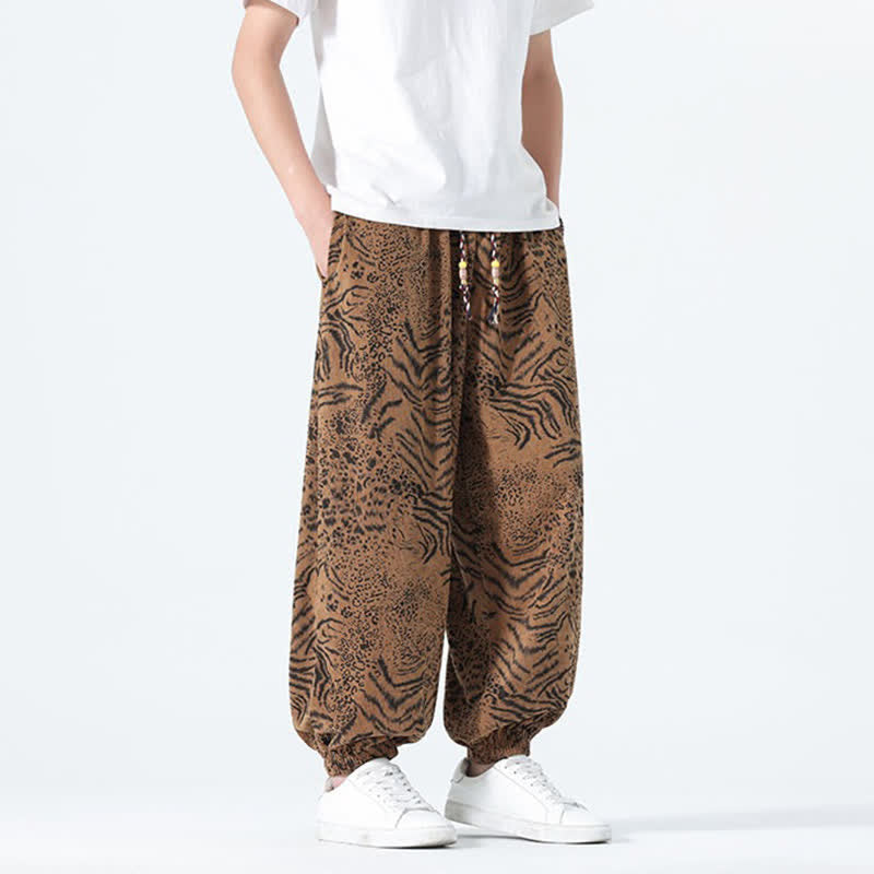 Buddha Stones Spring Summer Casual Boho Drawstring Leopard Cropped Pants Men's Harem Pants With Pockets