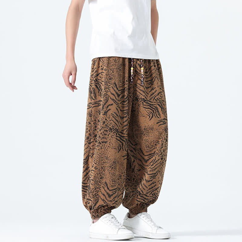 Buddha Stones Spring Summer Casual Boho Drawstring Leopard Cropped Pants Men's Harem Pants With Pockets