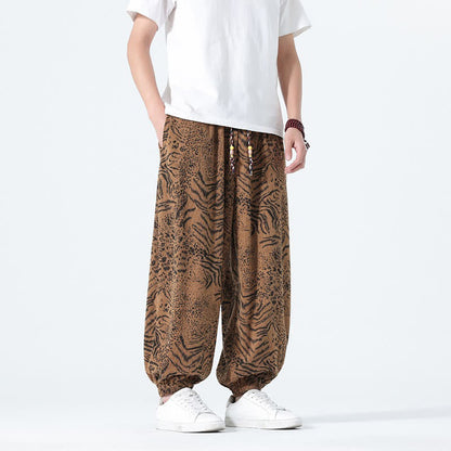 Buddha Stones Spring Summer Casual Boho Drawstring Leopard Cropped Pants Men's Harem Pants With Pockets