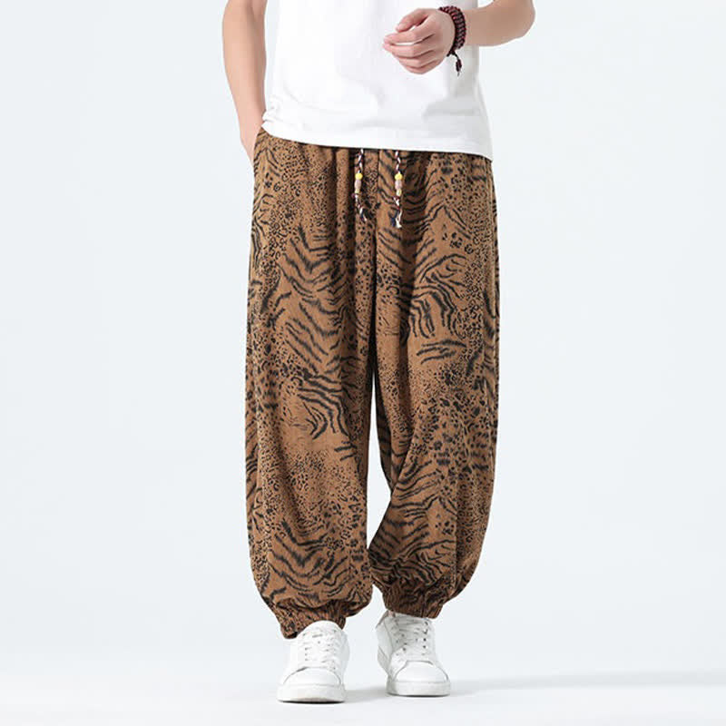 Buddha Stones Spring Summer Casual Boho Drawstring Leopard Cropped Pants Men's Harem Pants With Pockets