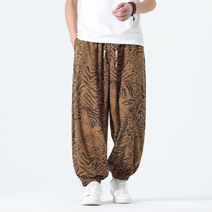 Buddha Stones Spring Summer Casual Boho Drawstring Leopard Cropped Pants Men's Harem Pants With Pockets
