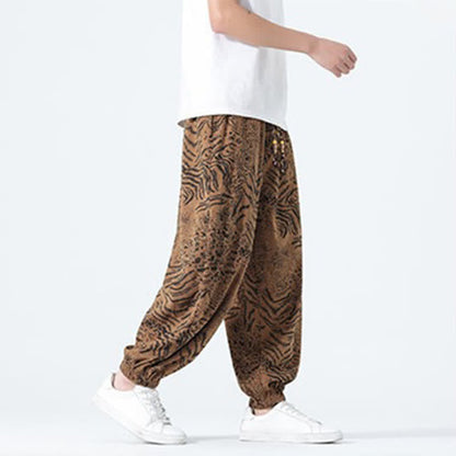 Buddha Stones Spring Summer Casual Boho Drawstring Leopard Cropped Pants Men's Harem Pants With Pockets