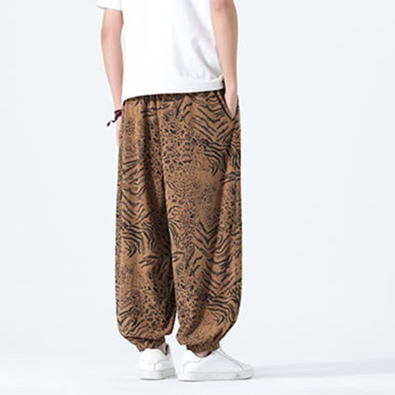 Buddha Stones Spring Summer Casual Boho Drawstring Leopard Cropped Pants Men's Harem Pants With Pockets