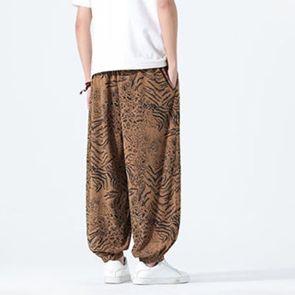 Buddha Stones Spring Summer Casual Boho Drawstring Leopard Cropped Pants Men's Harem Pants With Pockets