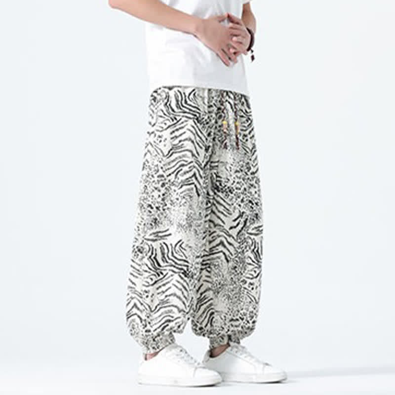Buddha Stones Spring Summer Casual Boho Drawstring Leopard Cropped Pants Men's Harem Pants With Pockets