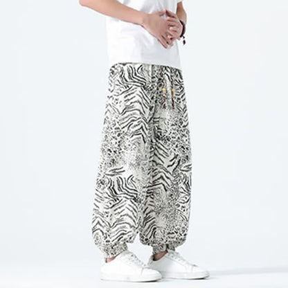 Buddha Stones Spring Summer Casual Boho Drawstring Leopard Cropped Pants Men's Harem Pants With Pockets
