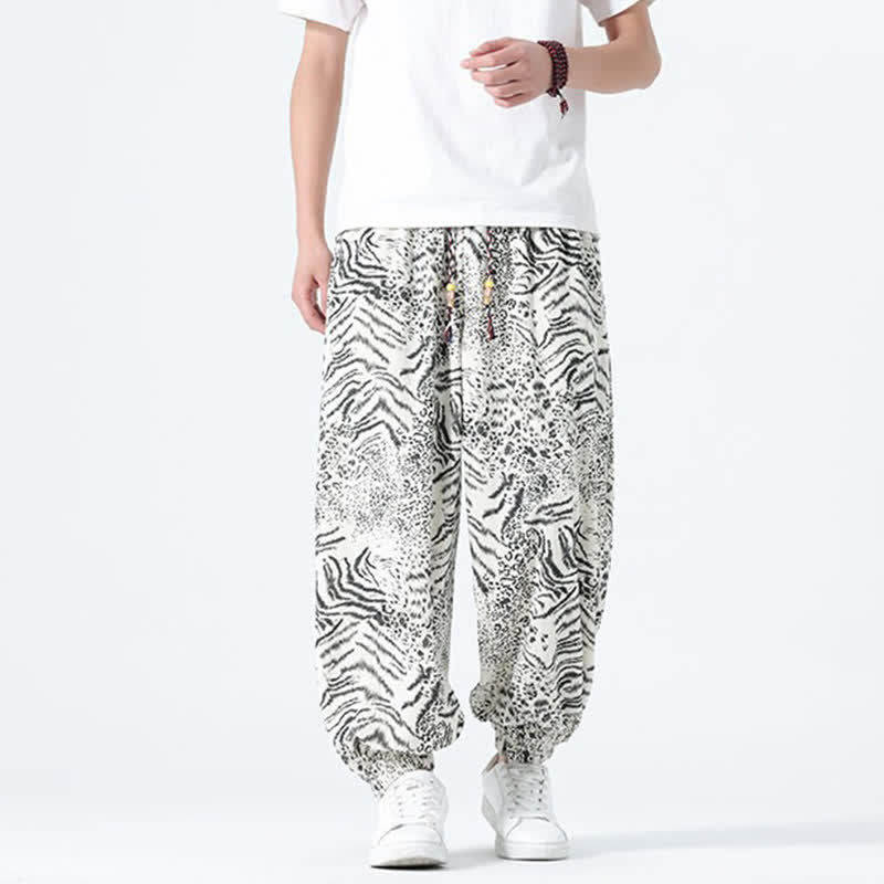 Buddha Stones Spring Summer Casual Boho Drawstring Leopard Cropped Pants Men's Harem Pants With Pockets
