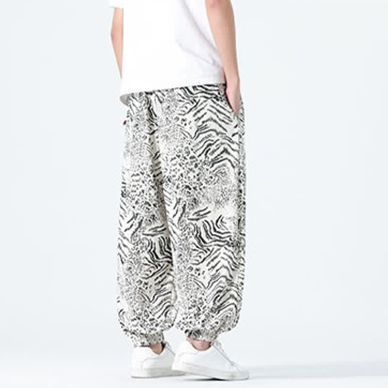 Buddha Stones Spring Summer Casual Boho Drawstring Leopard Cropped Pants Men's Harem Pants With Pockets