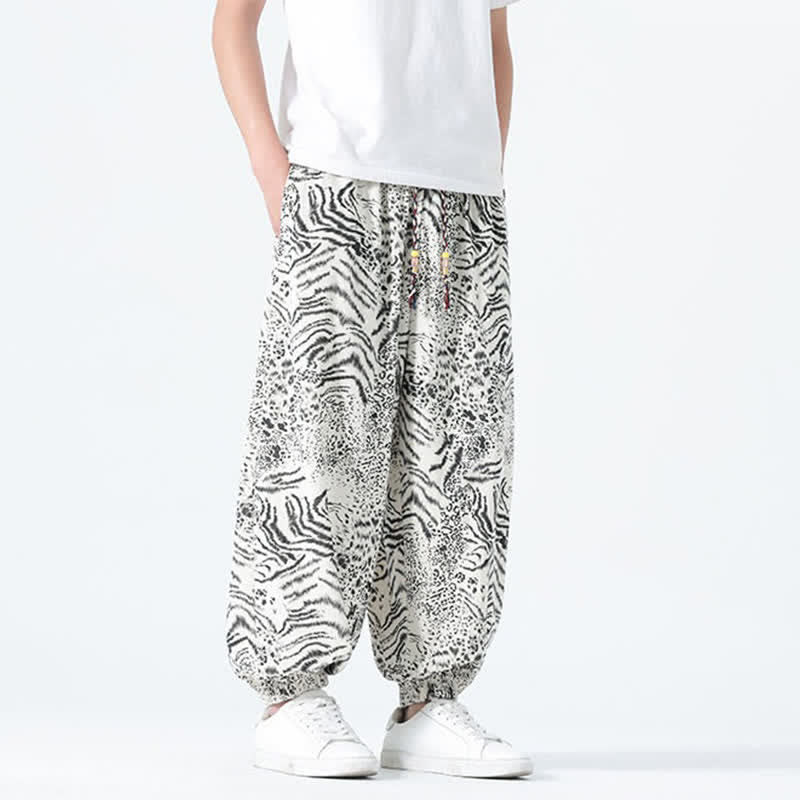 Buddha Stones Spring Summer Casual Boho Drawstring Leopard Cropped Pants Men's Harem Pants With Pockets