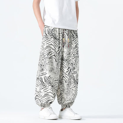 Buddha Stones Spring Summer Casual Boho Drawstring Leopard Cropped Pants Men's Harem Pants With Pockets