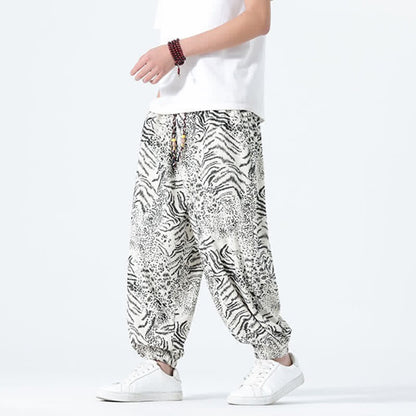 Buddha Stones Spring Summer Casual Boho Drawstring Leopard Cropped Pants Men's Harem Pants With Pockets