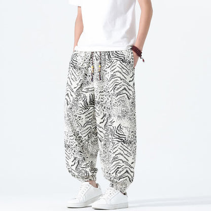 Buddha Stones Spring Summer Casual Boho Drawstring Leopard Cropped Pants Men's Harem Pants With Pockets