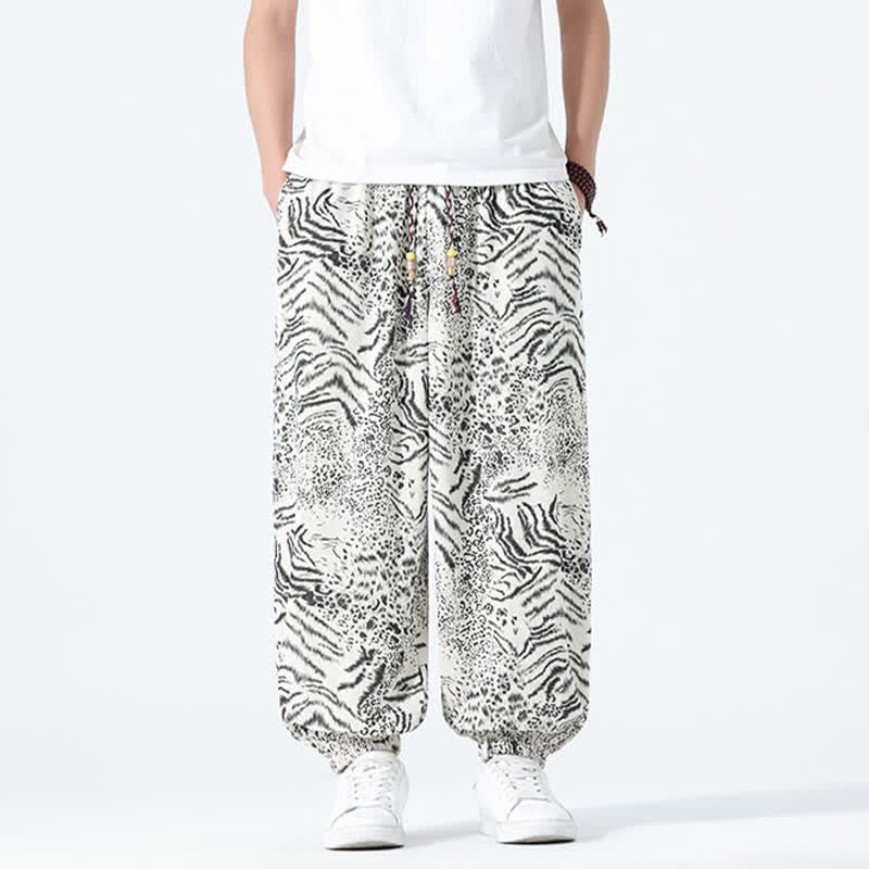 Buddha Stones Spring Summer Casual Boho Drawstring Leopard Cropped Pants Men's Harem Pants With Pockets