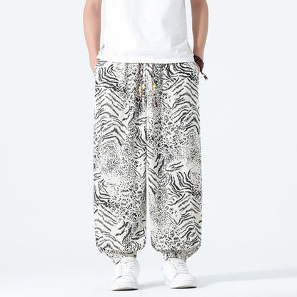 Buddha Stones Spring Summer Casual Boho Drawstring Leopard Cropped Pants Men's Harem Pants With Pockets