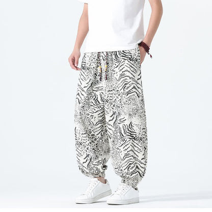 Buddha Stones Spring Summer Casual Boho Drawstring Leopard Cropped Pants Men's Harem Pants With Pockets