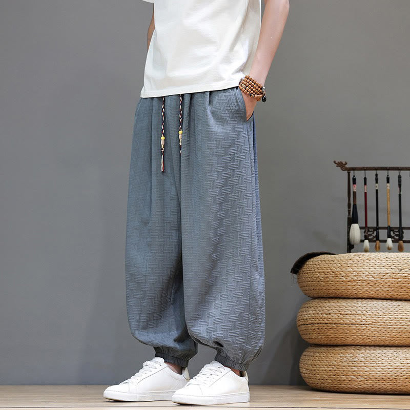 Buddha Stones Summer Casual Drawstring Solid Woven Rattan Texture Pattern Ankle Pants Men's Harem Pants With Pocket