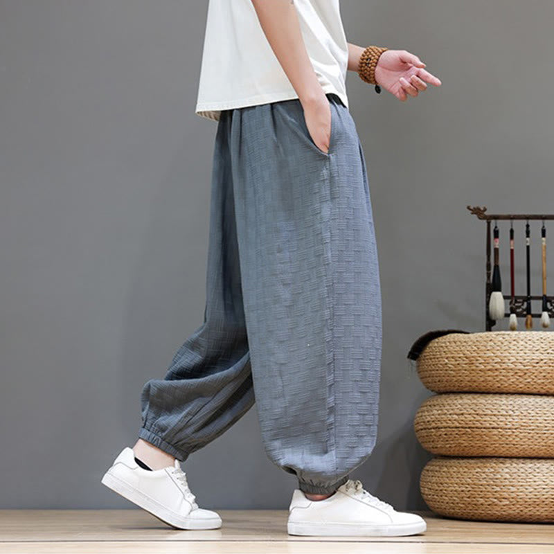 Buddha Stones Summer Casual Drawstring Solid Woven Rattan Texture Pattern Ankle Pants Men's Harem Pants With Pocket