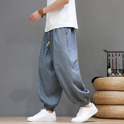 Buddha Stones Summer Casual Drawstring Solid Woven Rattan Texture Pattern Ankle Pants Men's Harem Pants With Pocket