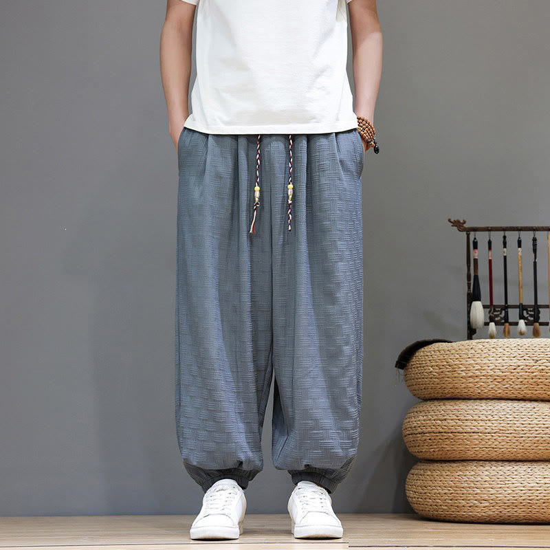 Buddha Stones Summer Casual Drawstring Solid Woven Rattan Texture Pattern Ankle Pants Men's Harem Pants With Pocket
