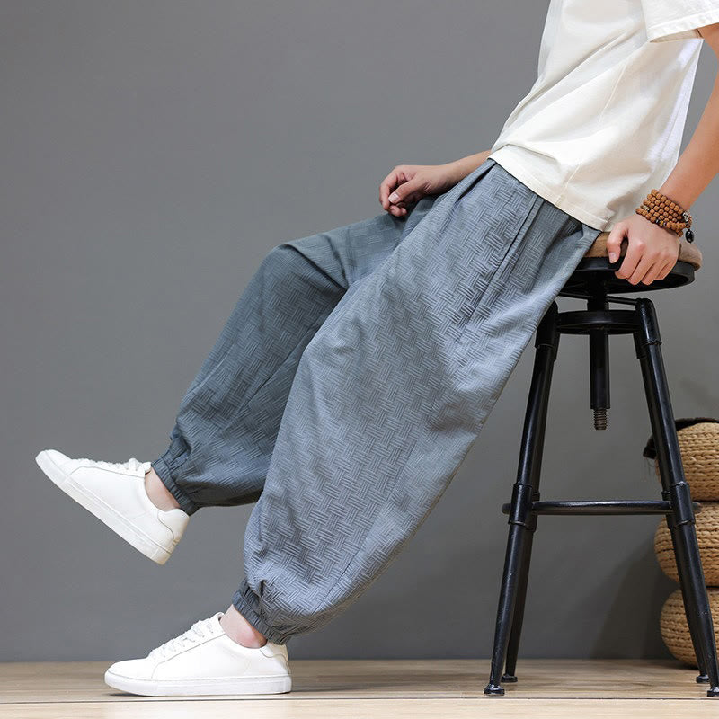 Buddha Stones Summer Casual Drawstring Solid Woven Rattan Texture Pattern Ankle Pants Men's Harem Pants With Pocket