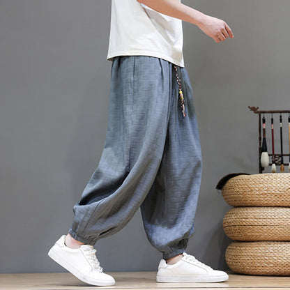 Buddha Stones Summer Casual Drawstring Solid Woven Rattan Texture Pattern Ankle Pants Men's Harem Pants With Pocket