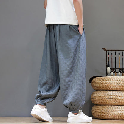 Buddha Stones Summer Casual Drawstring Solid Woven Rattan Texture Pattern Ankle Pants Men's Harem Pants With Pocket
