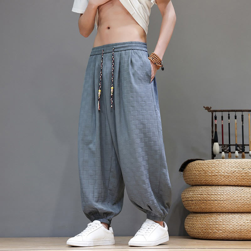 Buddha Stones Summer Casual Drawstring Solid Woven Rattan Texture Pattern Ankle Pants Men's Harem Pants With Pocket