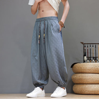 Buddha Stones Summer Casual Drawstring Solid Woven Rattan Texture Pattern Ankle Pants Men's Harem Pants With Pocket