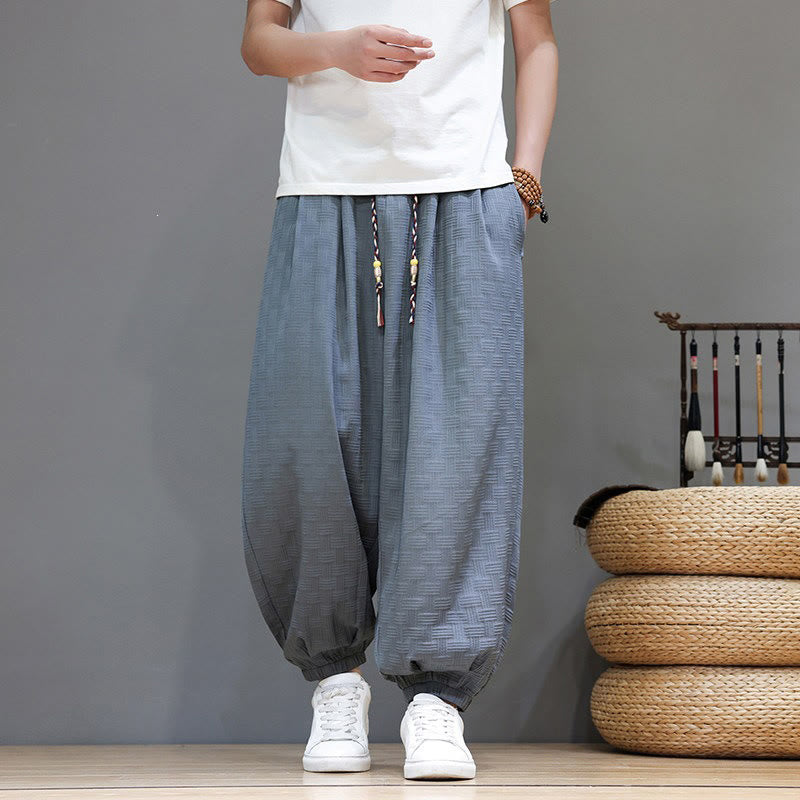 Buddha Stones Summer Casual Drawstring Solid Woven Rattan Texture Pattern Ankle Pants Men's Harem Pants With Pocket
