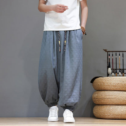 Buddha Stones Summer Casual Drawstring Solid Woven Rattan Texture Pattern Ankle Pants Men's Harem Pants With Pocket