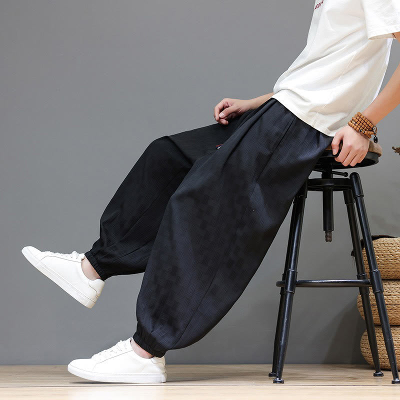 Buddha Stones Summer Casual Drawstring Solid Woven Rattan Texture Pattern Ankle Pants Men's Harem Pants With Pocket