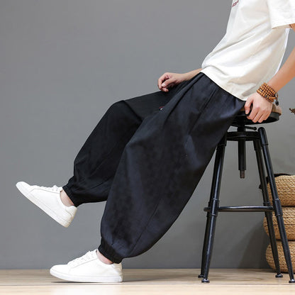 Buddha Stones Summer Casual Drawstring Solid Woven Rattan Texture Pattern Ankle Pants Men's Harem Pants With Pocket