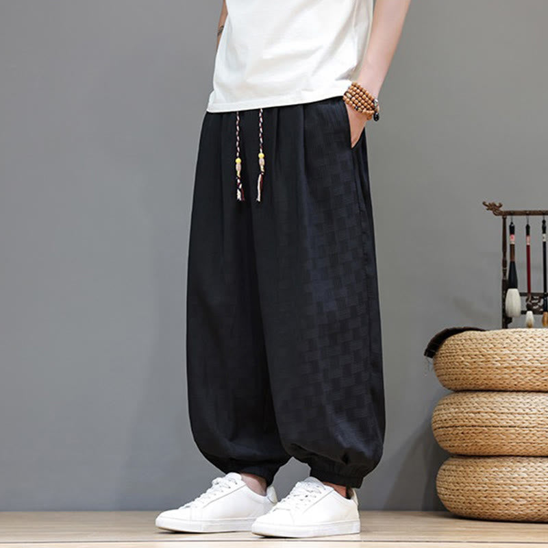 Buddha Stones Summer Casual Drawstring Solid Woven Rattan Texture Pattern Ankle Pants Men's Harem Pants With Pocket