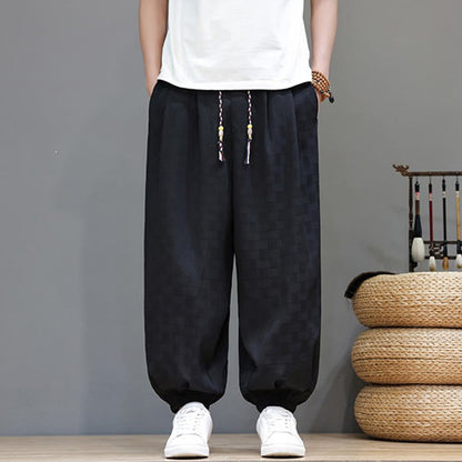 Buddha Stones Summer Casual Drawstring Solid Woven Rattan Texture Pattern Ankle Pants Men's Harem Pants With Pocket