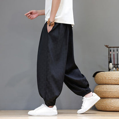 Buddha Stones Summer Casual Drawstring Solid Woven Rattan Texture Pattern Ankle Pants Men's Harem Pants With Pocket