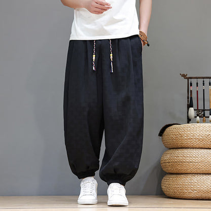 Buddha Stones Summer Casual Drawstring Solid Woven Rattan Texture Pattern Ankle Pants Men's Harem Pants With Pocket