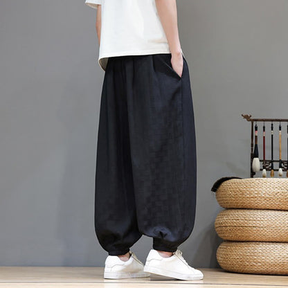 Buddha Stones Summer Casual Drawstring Solid Woven Rattan Texture Pattern Ankle Pants Men's Harem Pants With Pocket