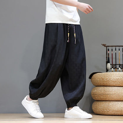Buddha Stones Summer Casual Drawstring Solid Woven Rattan Texture Pattern Ankle Pants Men's Harem Pants With Pocket